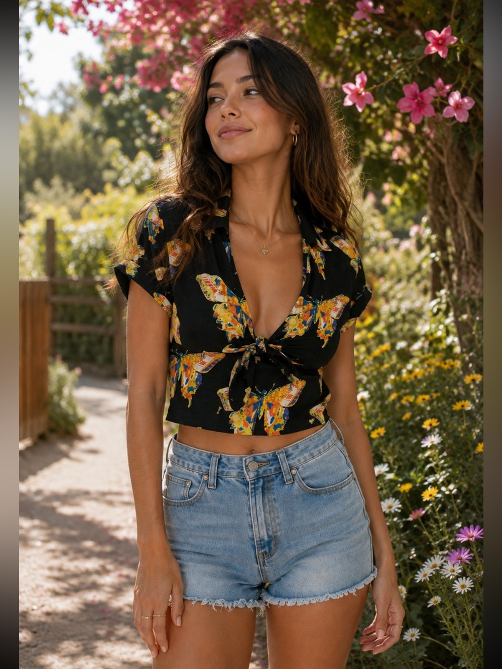 Women’s Butterfly Print Tie Front Crop Top Black Short Sleeve Boho Festival